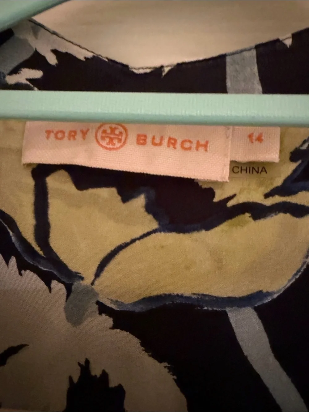 Tory Burch 100% Silk Floral Pintuck Tunic Dress Navy Yellow Size 14